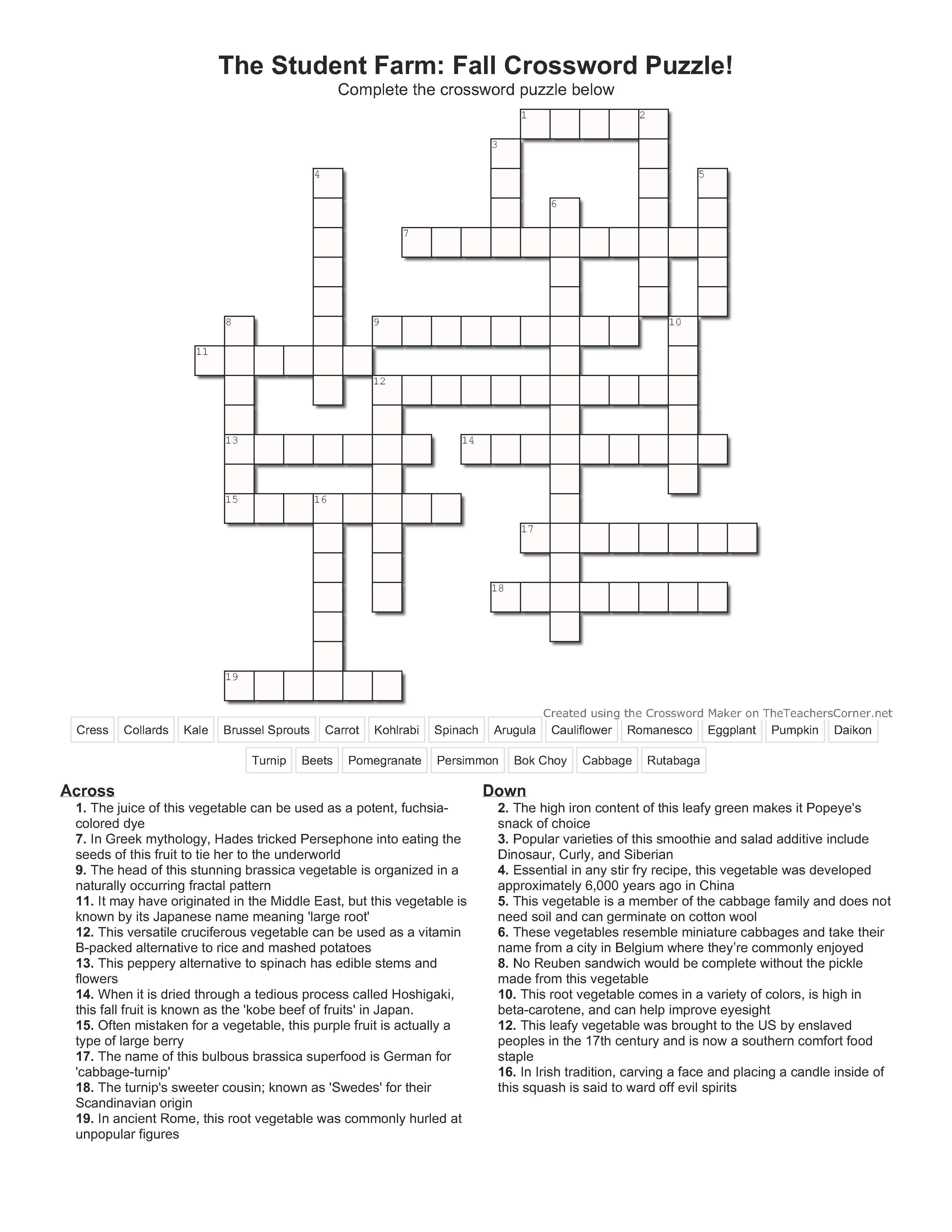 Fall crossword for the student farm