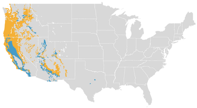 Regions characterized by a hot-summer Mediterranean climate are in blue, and by a warm- or cool-summer Mediterranean climate in orange. Map adapted from a figure by Adam Peterson, from data provided by PRISM Climate Group at Oregon State University (source: https://goo.gl/Kq6Fy6; CC 4.0 license).