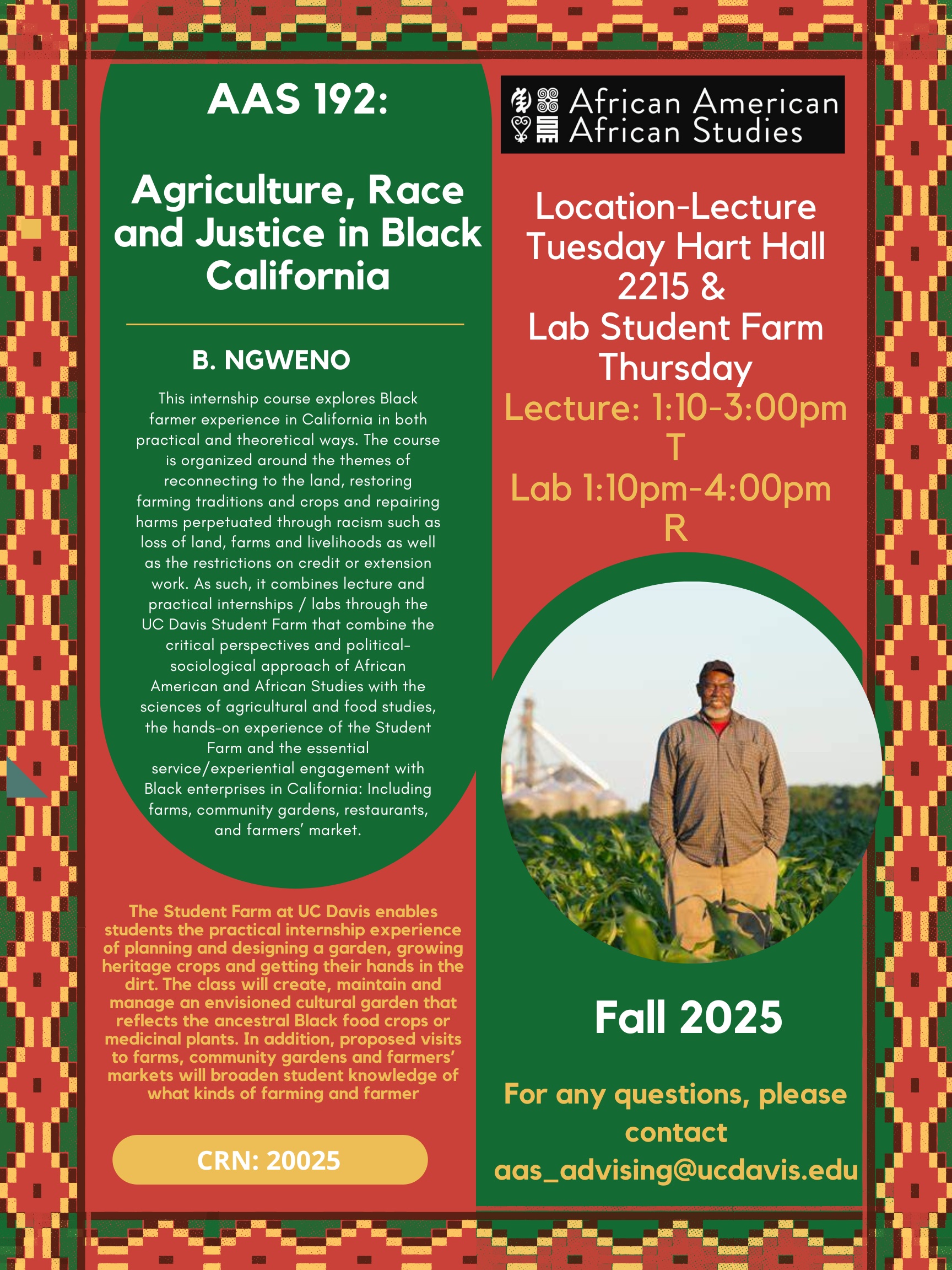 Flyer for AAS192 Agriculture, Race & Justice in Black California, with photo a Black farmer in a field with grain elevator in the distance