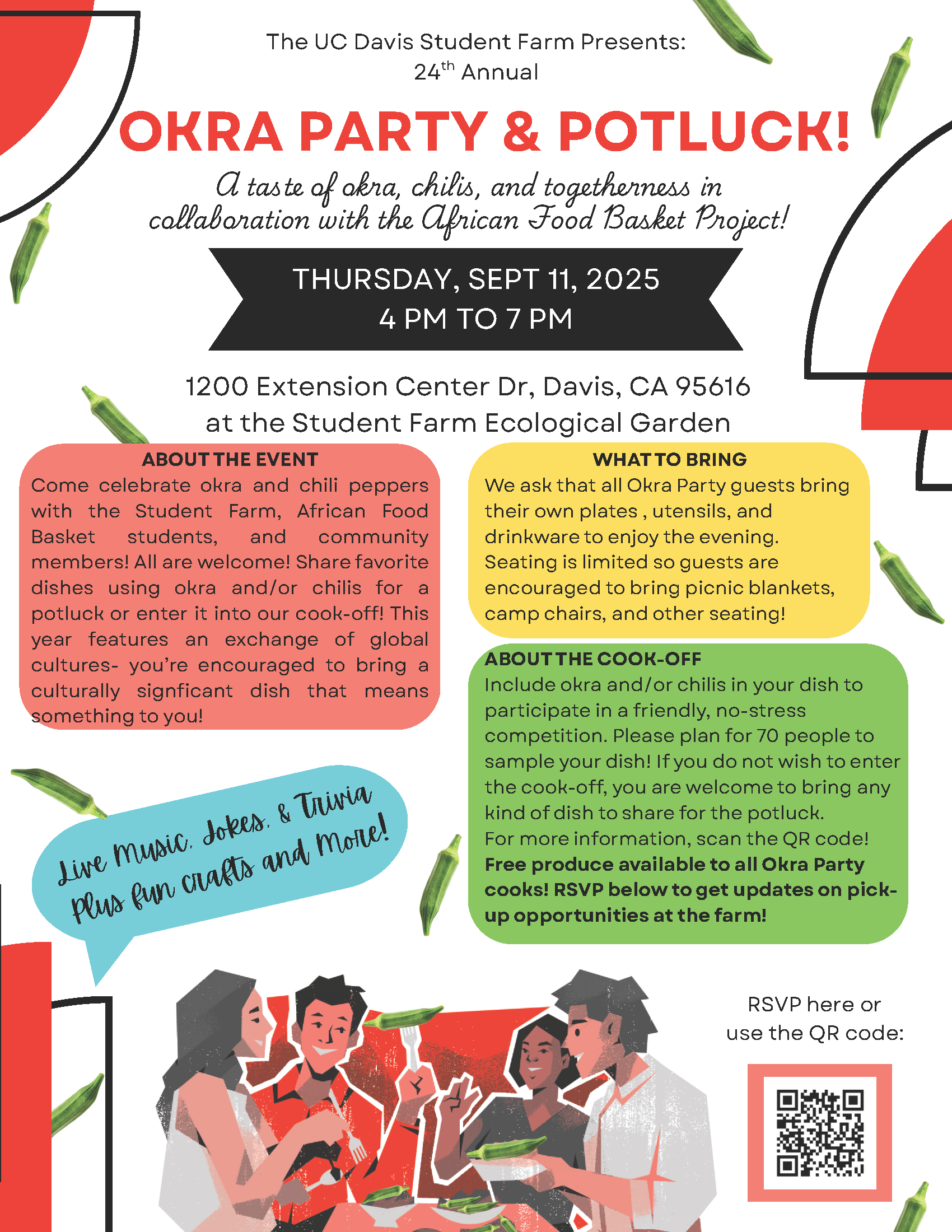 Okra Party 2025 Flyer with illustration of people at a table eating Okra