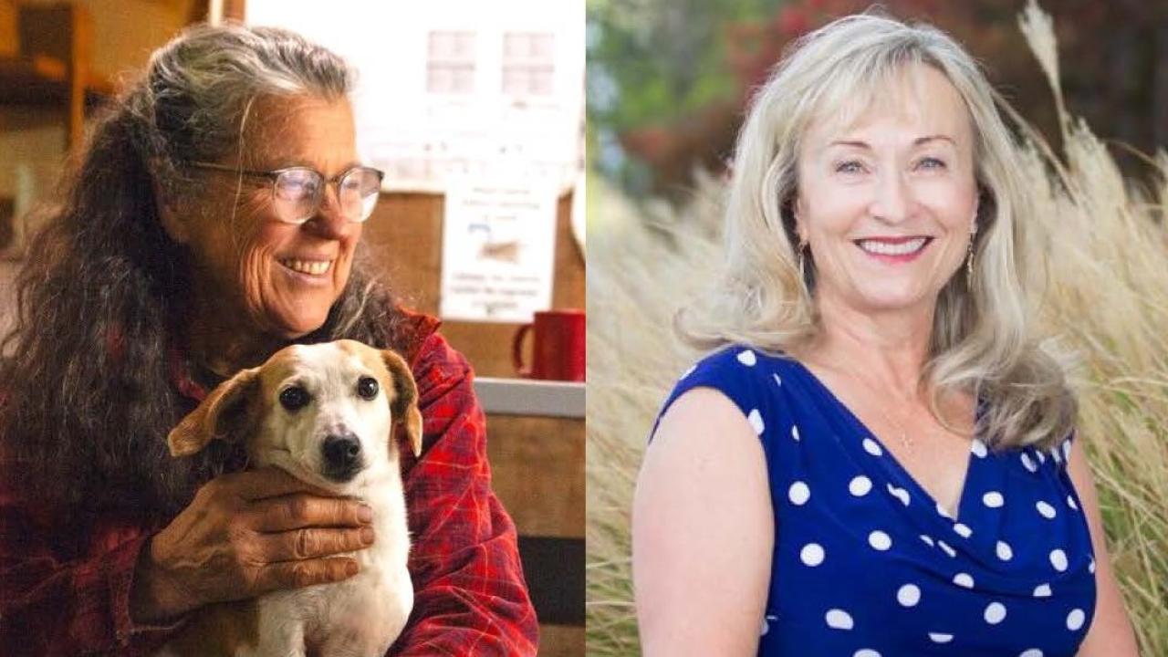 Photo of Annie Main holding her dog, and of Stephanie Larson.